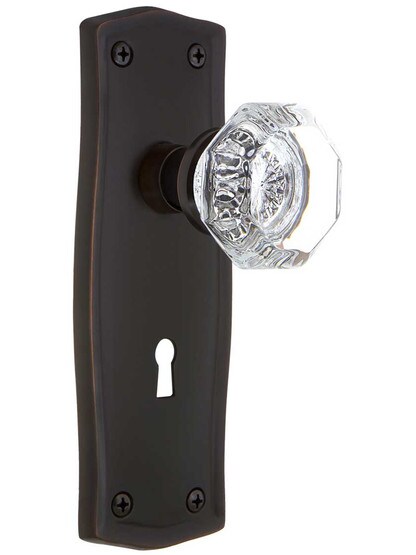 Prairie Style Door Set With Octagonal Crystal Glass Door Knobs in Timeless Bronze.